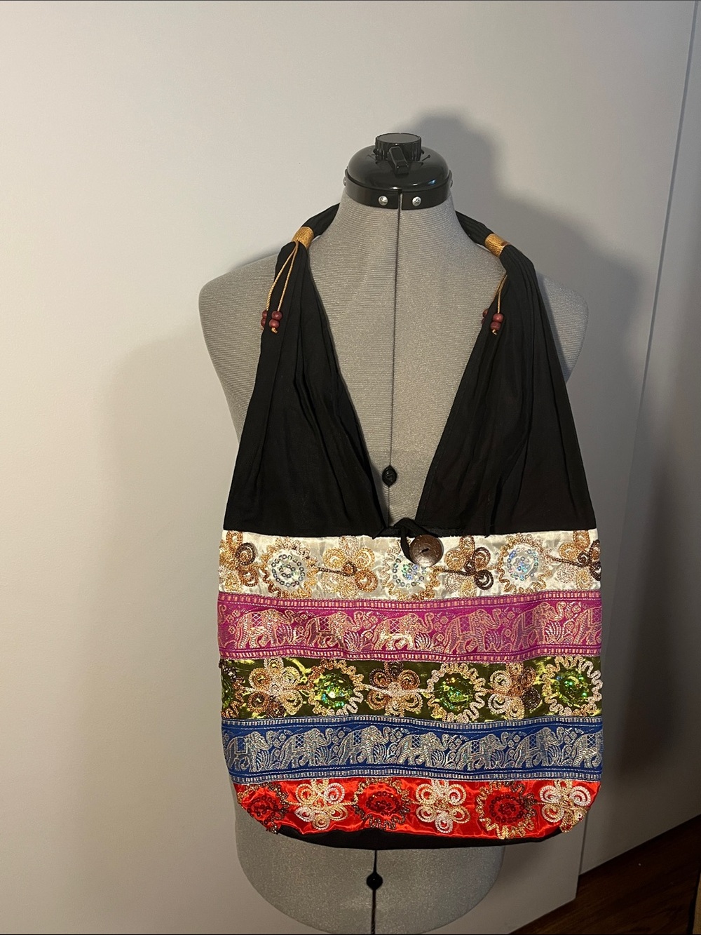 Bohemian Embroidered Multi-Color Hobo Bag - Black